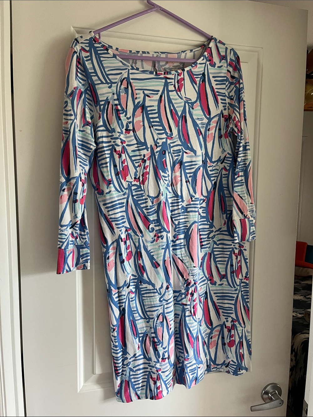 Lilly Pulitzer Blue and Pink Sail-Print Long Sleeve Shift Dress